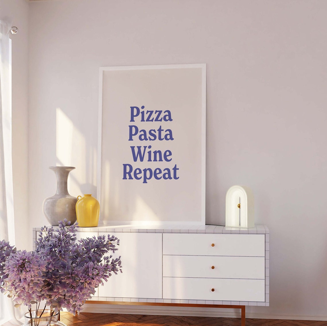 Pizza Pasta Wine Repeat Blue Serif Kitchen Typography Art Poster - Image 2