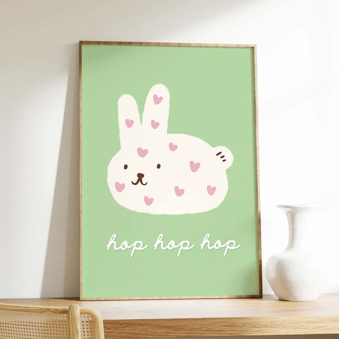 Cute Heart Spotted Bunny Hop Hop Hop Green Kids Quote Poster - Image 2