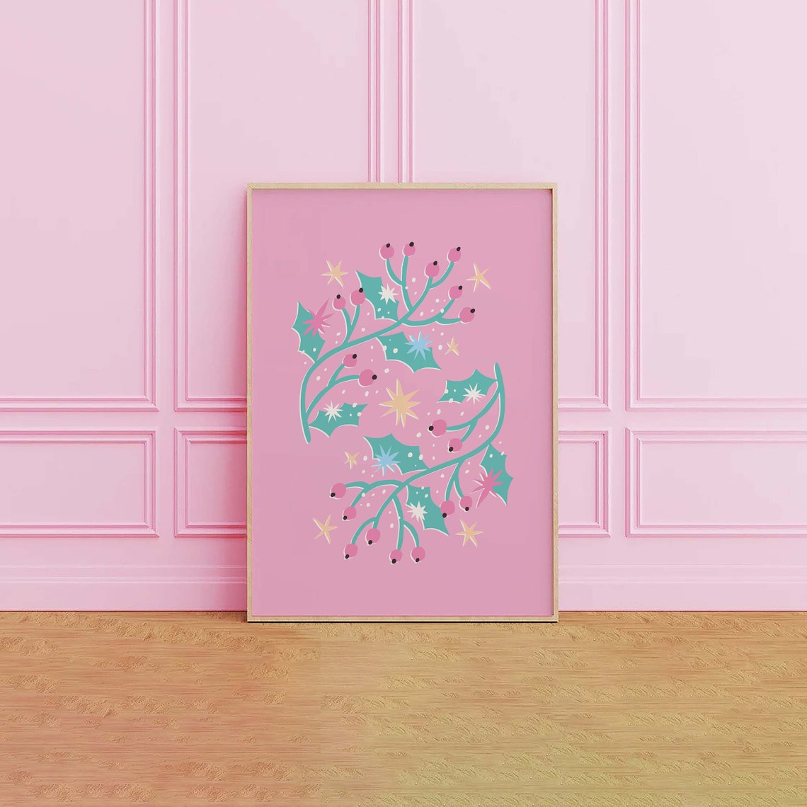 Pink Holly Branch with Berries Retro Christmas Botanical Poster - Image 2