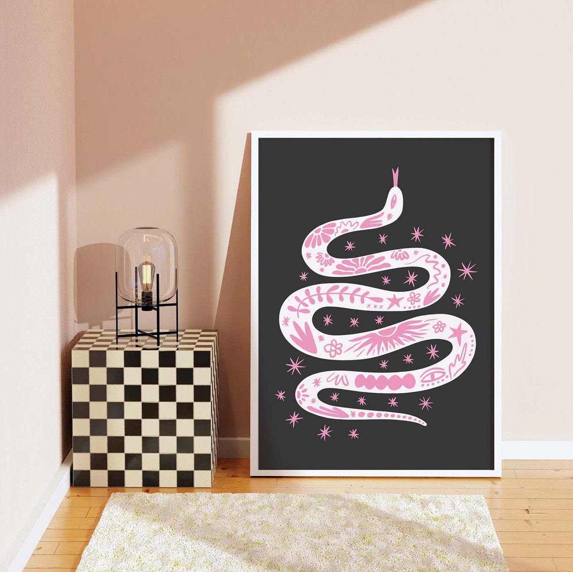 Boho Tattoo Snake White Illustration Black Starry Art Poster - Image 7