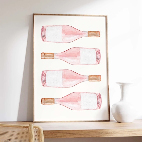 Pink Rose Wine Bottles Watercolor Kitchen Bar Cart Art Poster