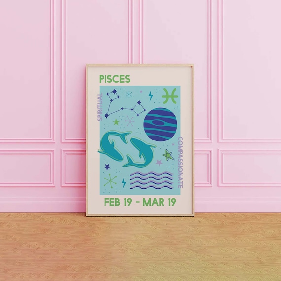 Pisces Zodiac Retro Astrology Poster Feb 19 Mar 19 Fish Sign