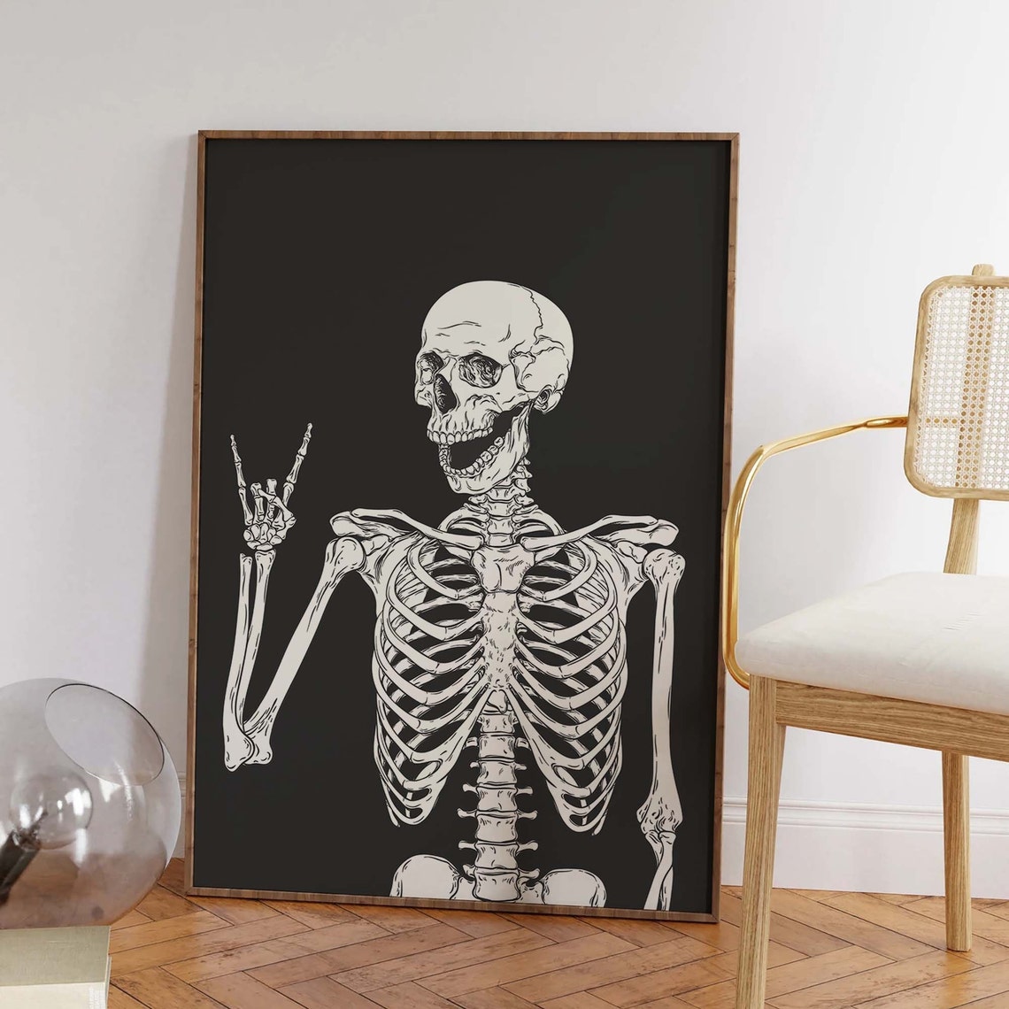 Funny Gothic Skeleton Peace Sign Black Background Art Poster - Image 3