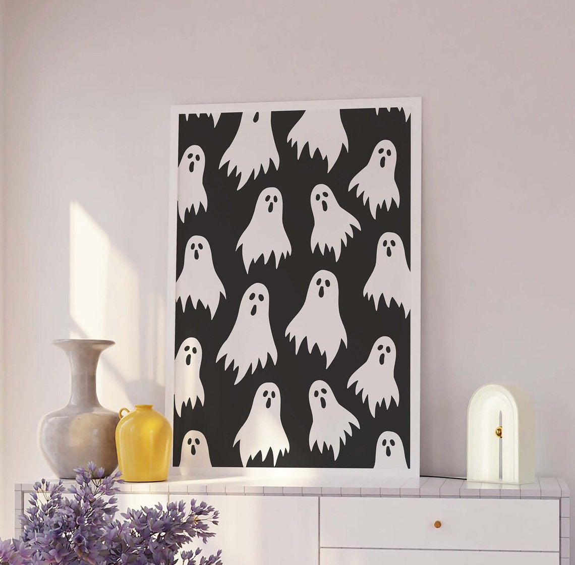 Cute White Ghosts on Black Halloween Art Poster for Spooky Decor - Image 2