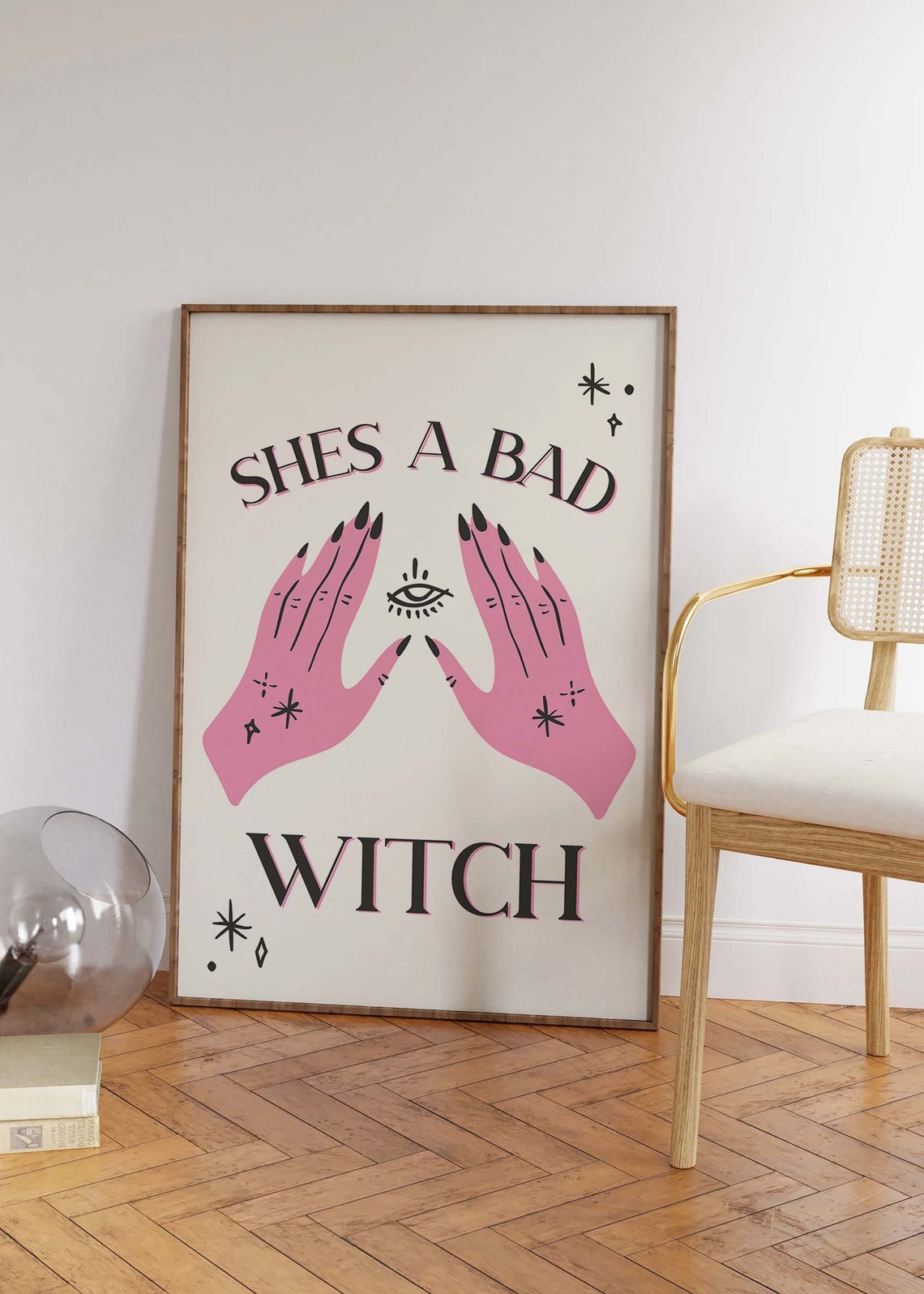 Shes A Bad Witch Hands Evil Eye Pink on White Gothic Wall Art - Image 6