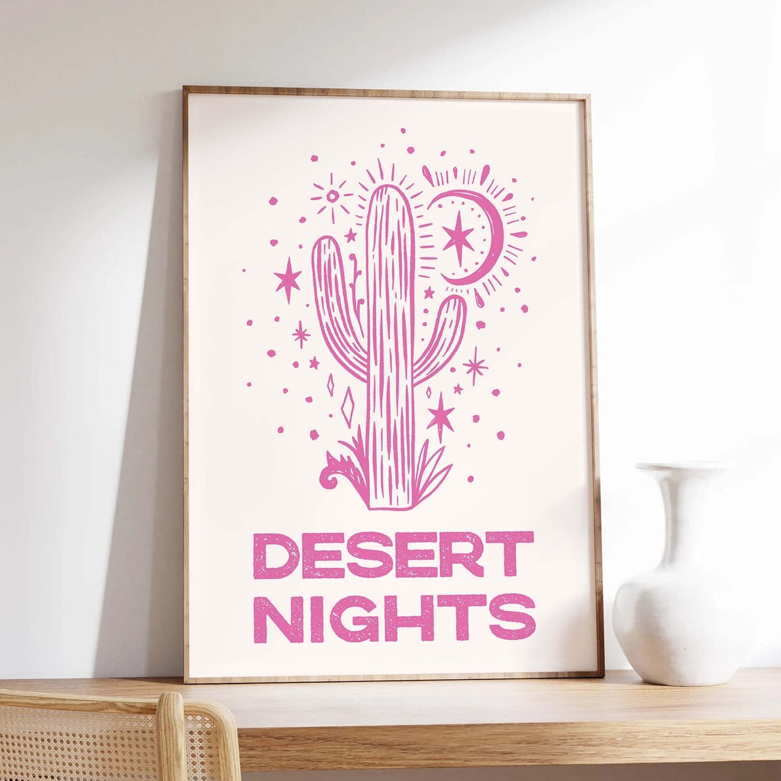 Desert Nights Pink Cactus Moon Retro Western Typography Wall Print - Image 3