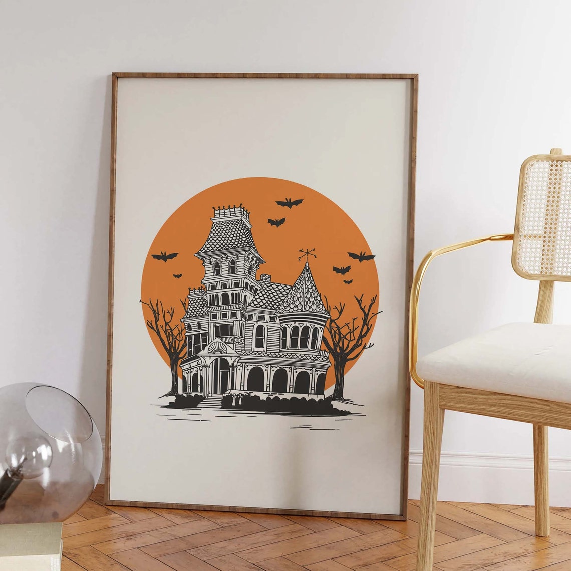 Victorian Haunted House Orange Moon Bats Halloween Decor Poster - Image 3
