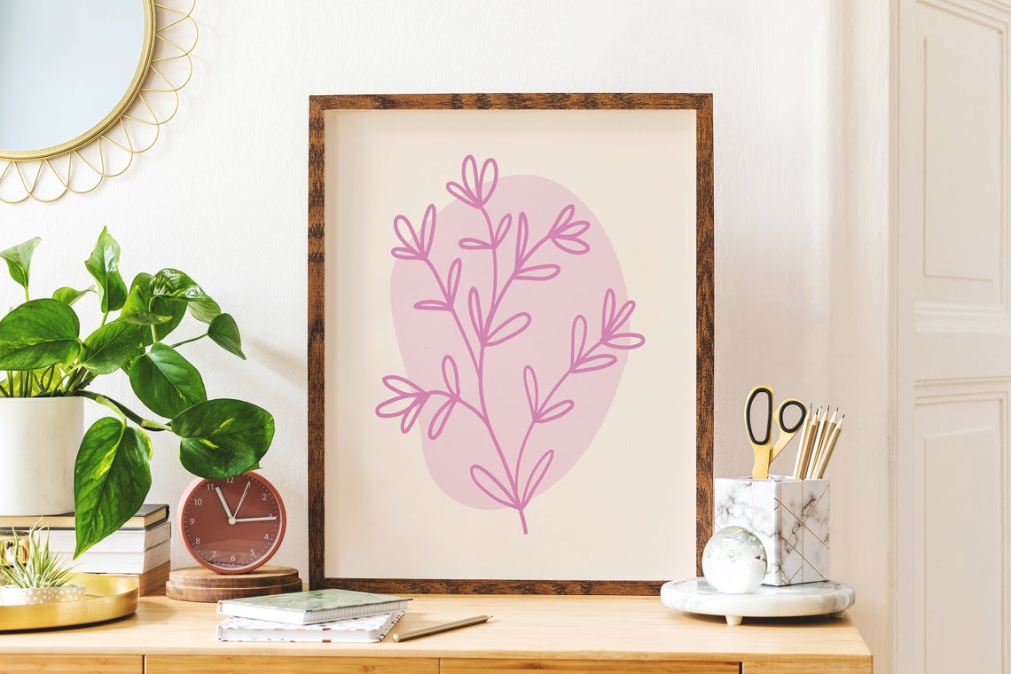 Pink Minimal Line Botanical Print Art Colorful Floral Art Cute Trendy Wall Art - Image 3