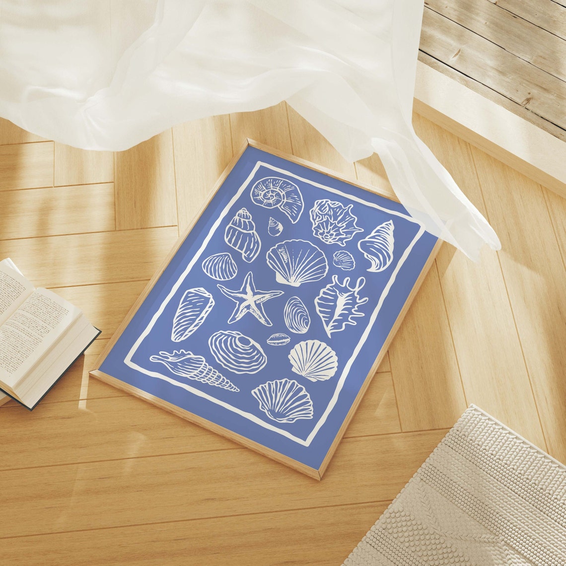 Periwinkle Blue Seashell Collage White Line Art Beach Poster - Image 4