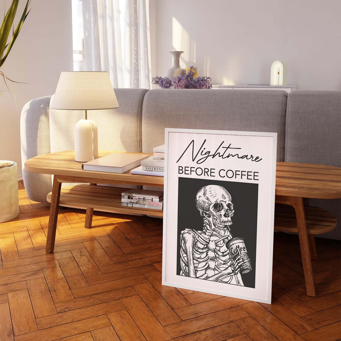 Nightmare Before Coffee Funny Skeleton Black White Coffee Poster - Image 7
