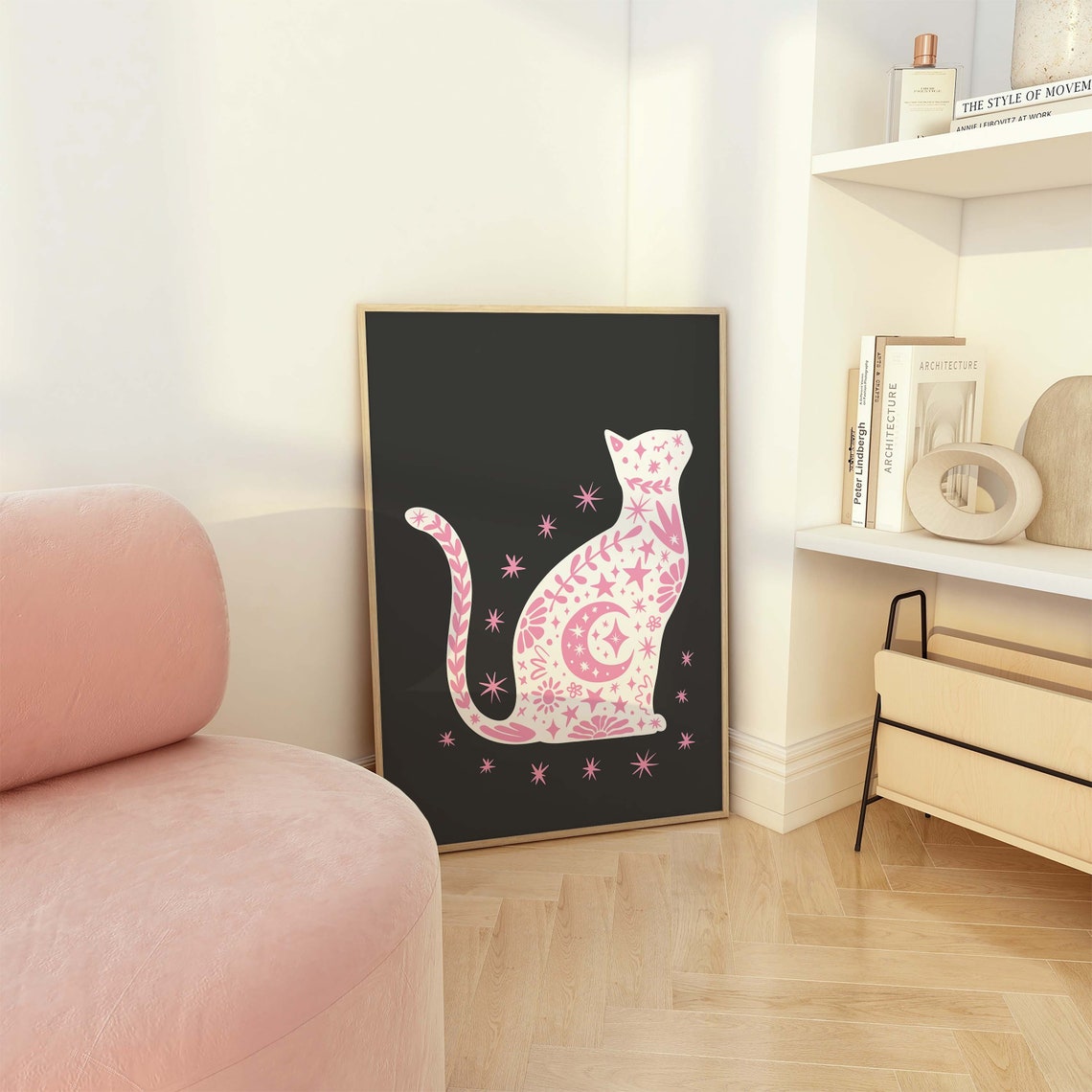 White Celestial Cat Black Background Pink Stars Halloween Poster - Image 3