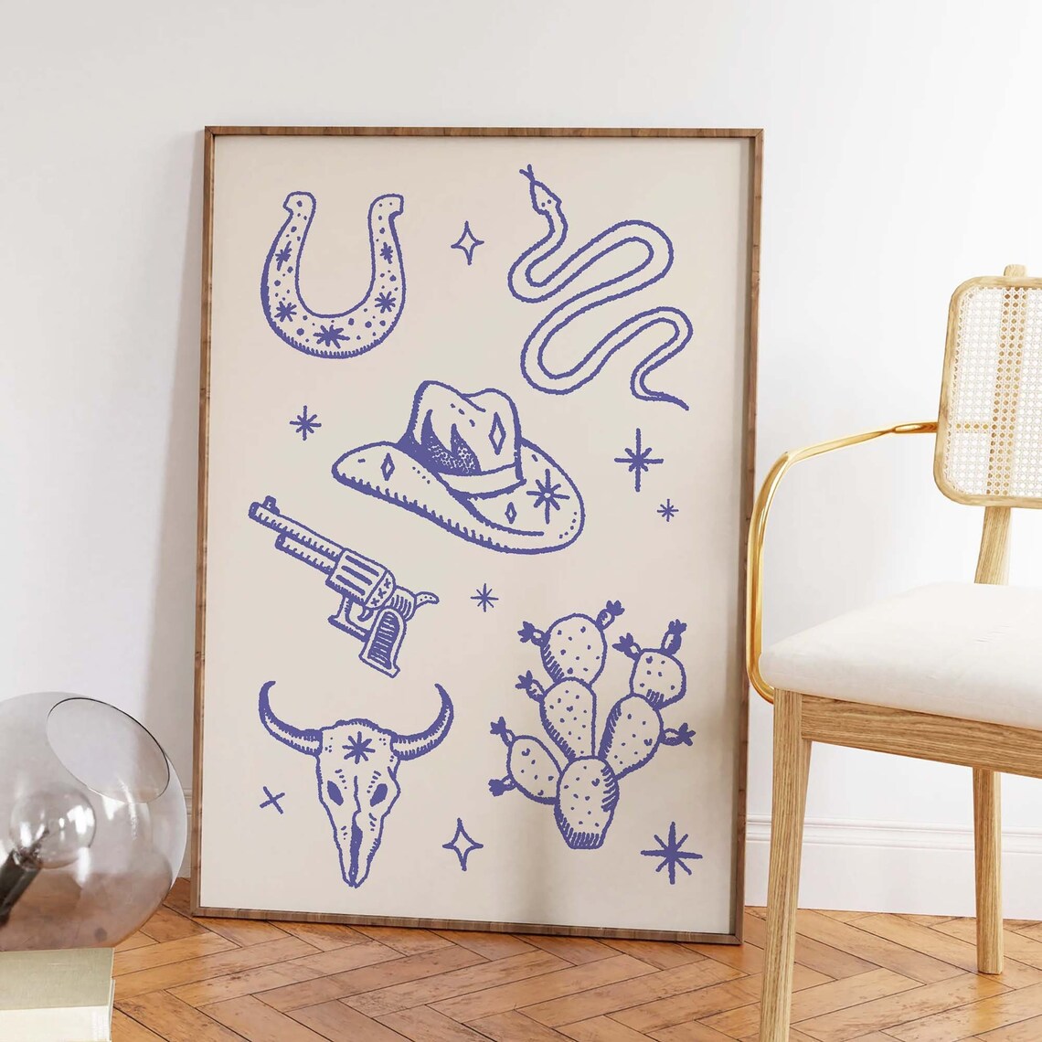 Blue Western Icons Horseshoe Cowboy Hat Bull Skull Doodle Wall Print - Image 2