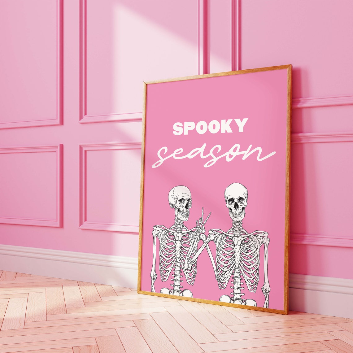 Spooky Season Skeleton Print Art Cute Pink Halloween Wall Decor Trendy Halloween Wall Art - Image 3