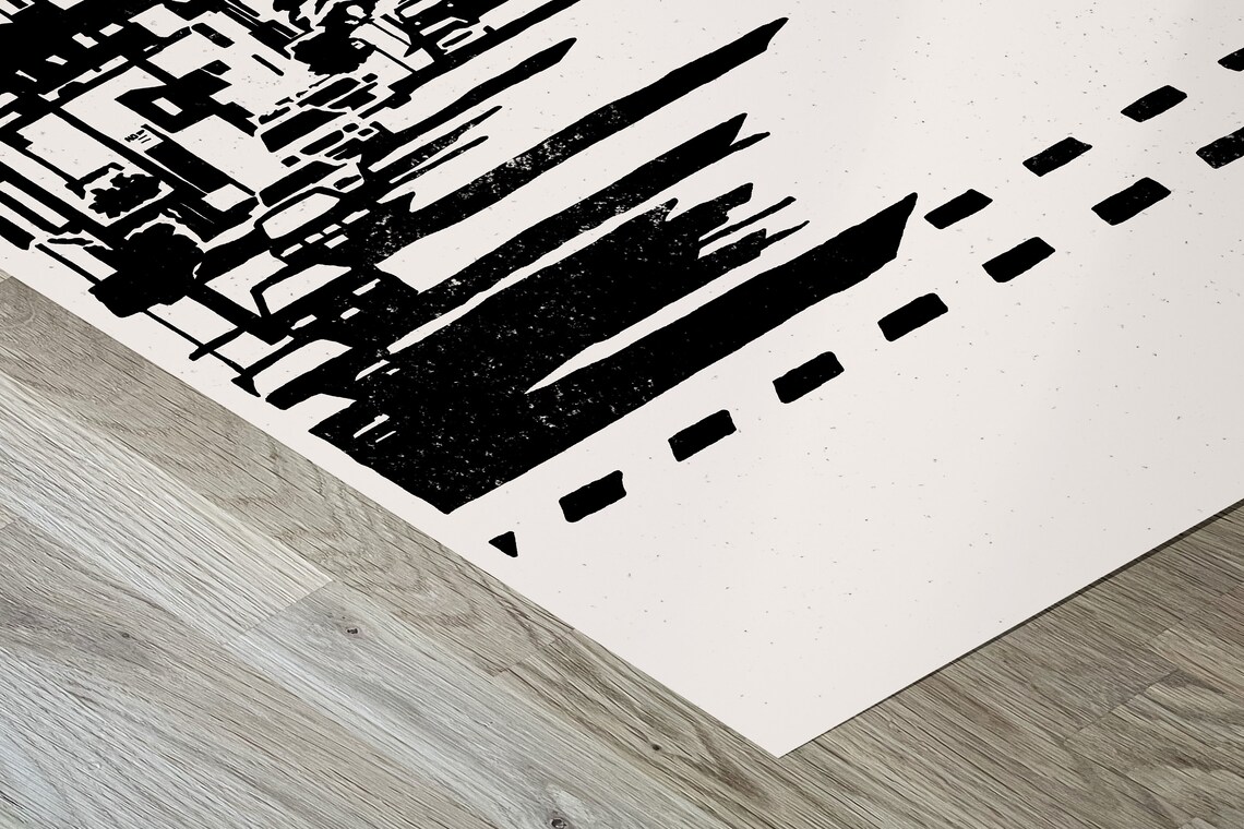 City Street Ocean View Black and White Minimalist Illustration Print - Image 2
