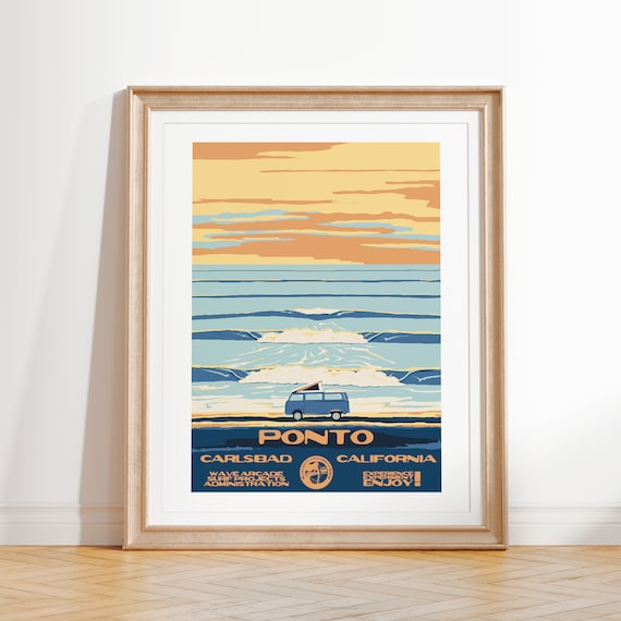 Ponto Art Print Vintage National Parks Style Surf Poster Carlsbad Ca Coastal Surf Decor