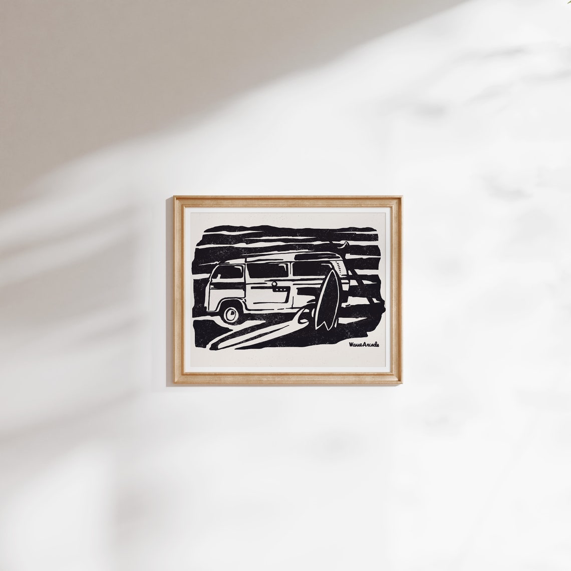 Surf Van Black and White Woodcut Vintage Bus Ocean Trip Art Poster