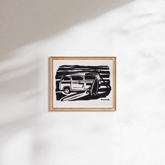 Copy Vw Surf Van 4 Surf Art Print Black White Illustration Coastal Room Decor Modern Beach House Wall Art