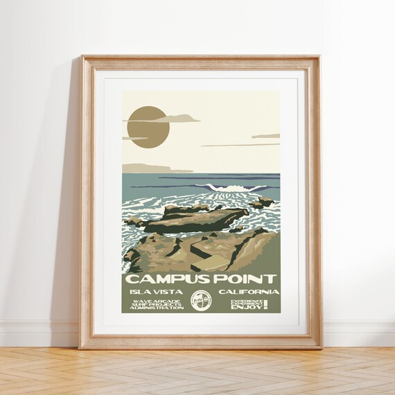 Campus Point Art Print Vintage National Parks Style Surf Poster Isla Vista Ca Coastal Surf Decor