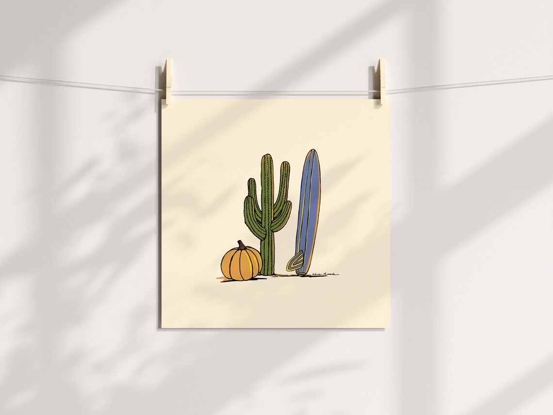 Saguaro Cactus Giant Pumpkin Longboard Fall Desert Surf Art Poster - Image 2