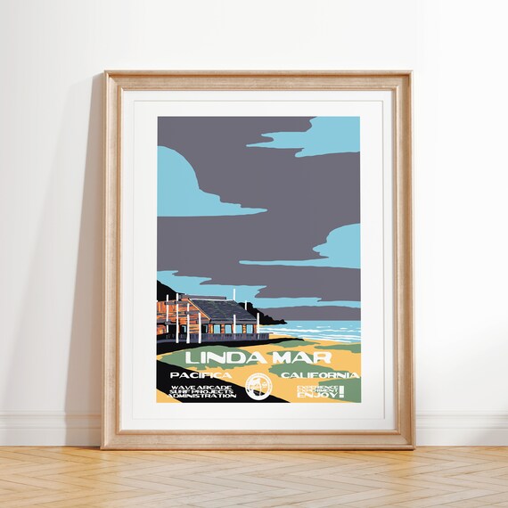 Linda Mar Art Print Vintage National Parks Style Surf Poster Pacifica Ca Coastal Surf Decor