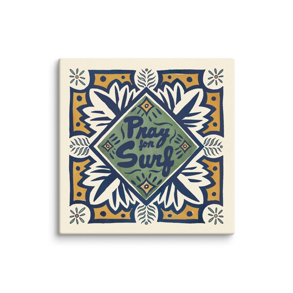 Pray For Surf Talavera Tile Diamond Navy Green Surf Art Poster