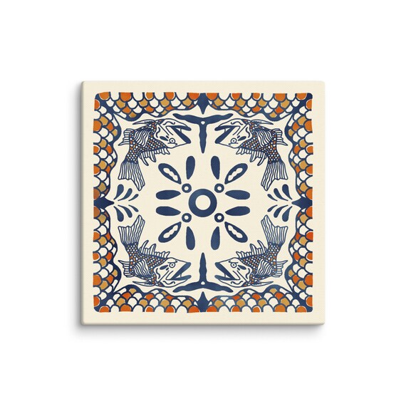 Fish Pattern Talavera Tile Navy Orange Koi Motif Coastal Art Poster