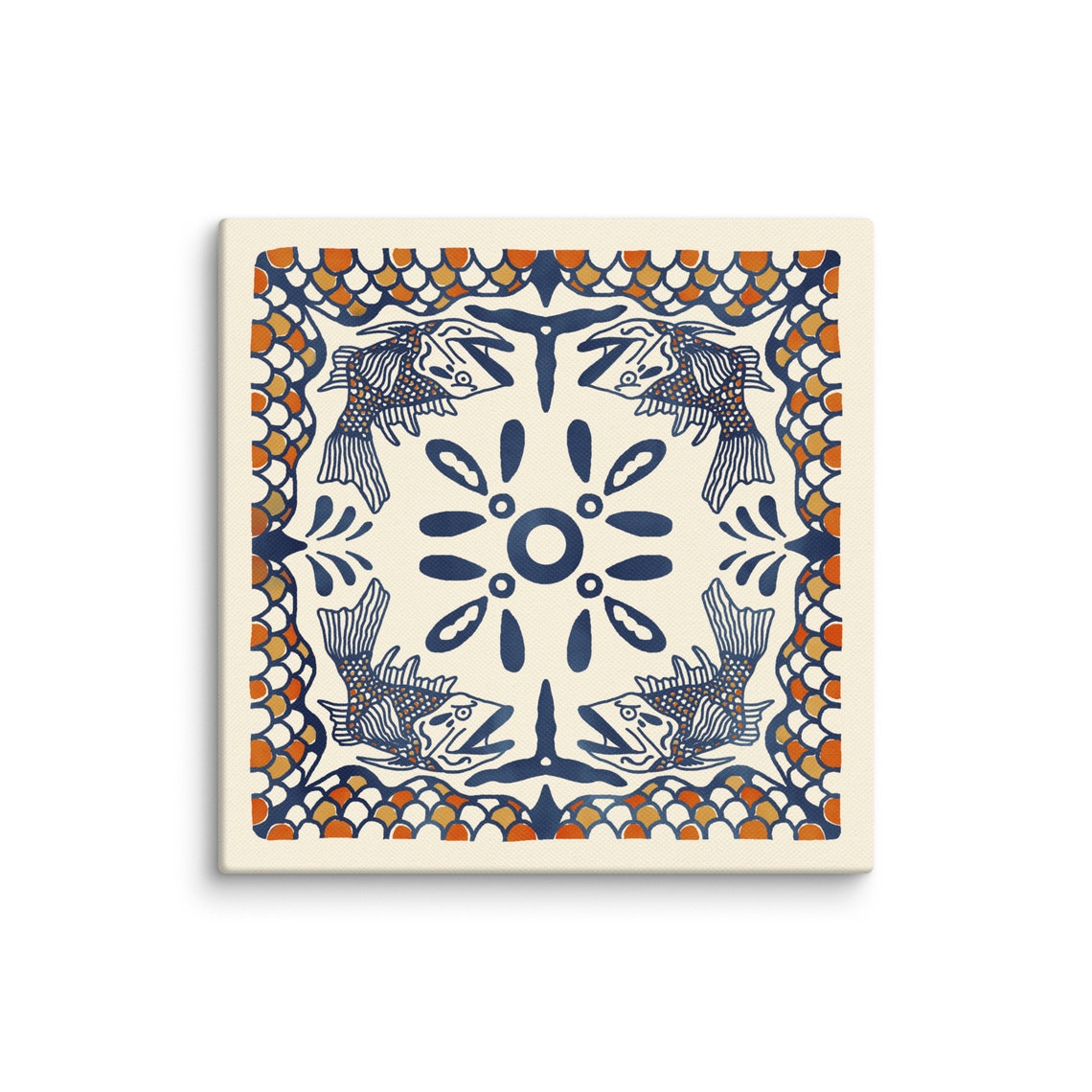 Fish Pattern Talavera Tile Navy Orange Koi Motif Coastal Art Poster