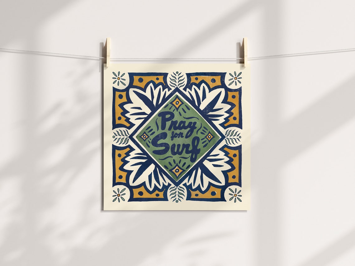 Pray for Surf Hand Painted Mexican Tile Style Coastal Quote Art Print - Image 2