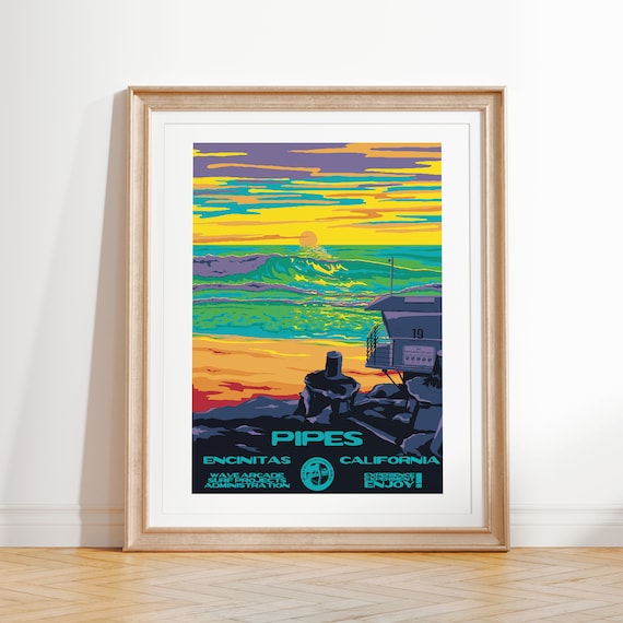 Pipes Art Print Vintage National Parks Style Surf Poster Encinitas Ca Coastal Surf Decor