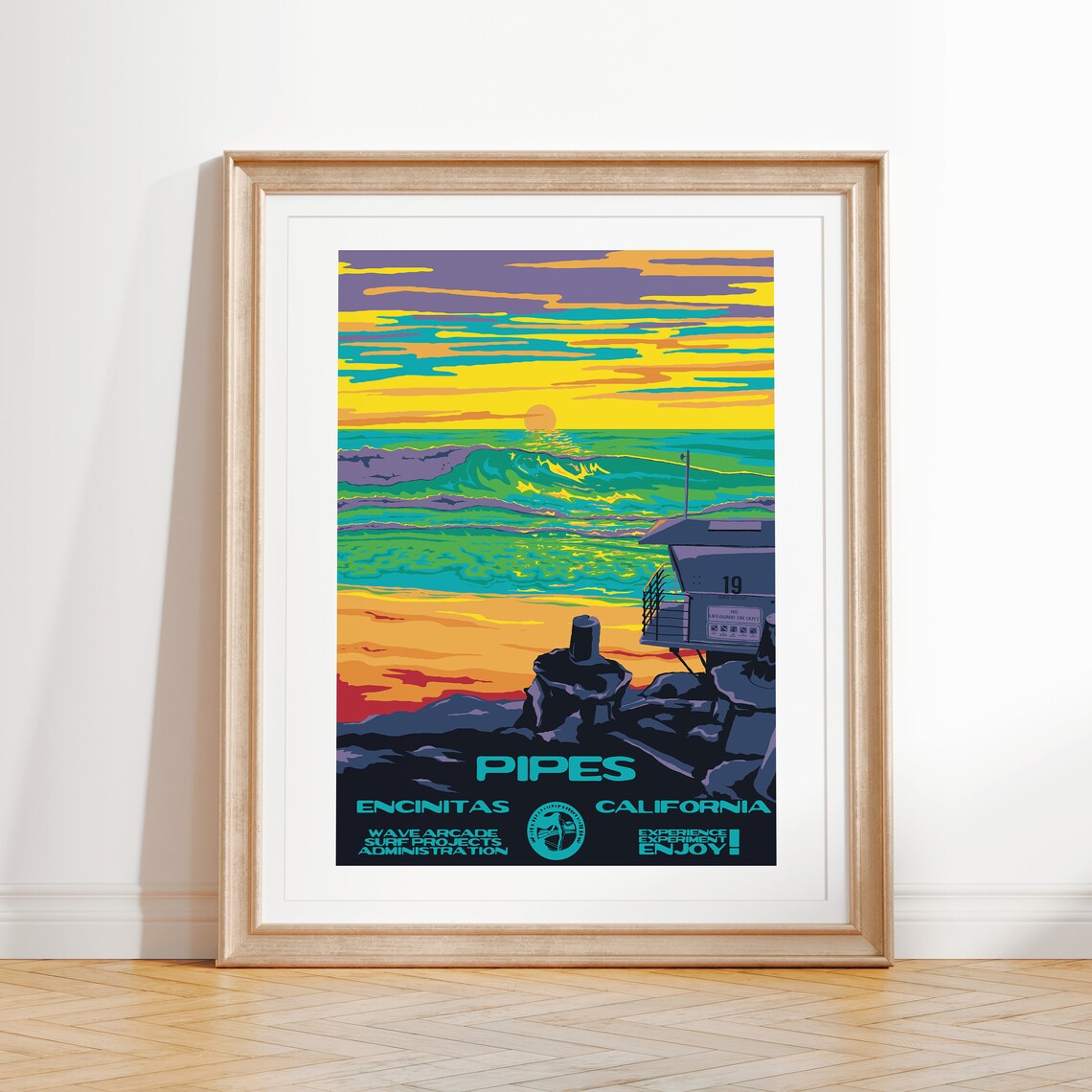 Pipes Art Print Vintage National Parks Style Surf Poster Encinitas Ca Coastal Surf Decor