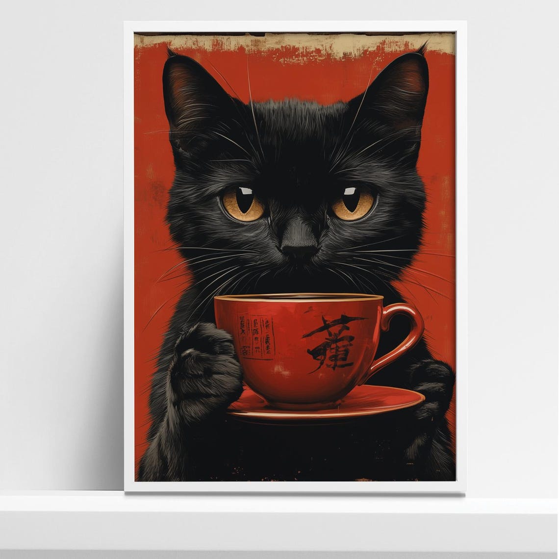 Black Cat Holding a Red Japanese Tea Cup Vintage Style Poster