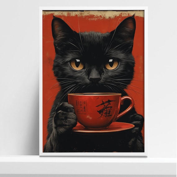 Black Cat Holding a Red Japanese Tea Cup Vintage Style Poster