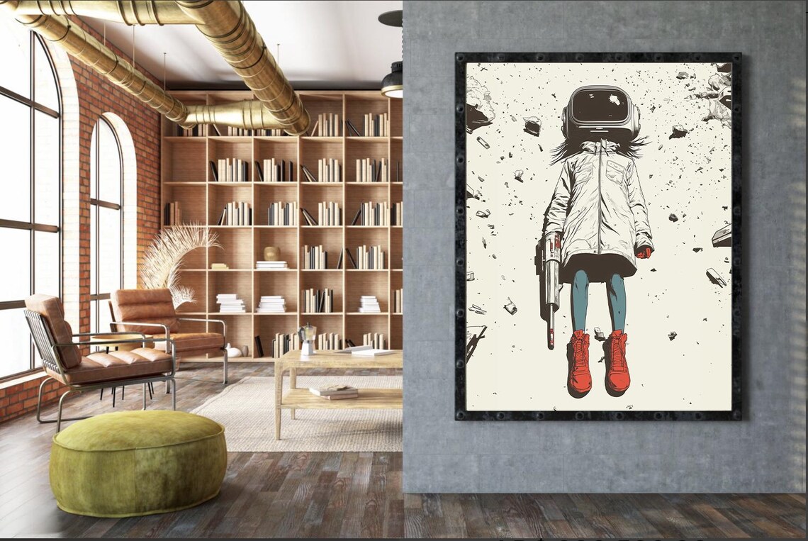 Girl With VR Helmet and Red Boots Floating in Space Debris Poster - Image 2