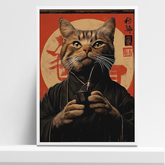 Orange Tabby Cat in Black Kimono Smoking a Pipe Edo Style Poster