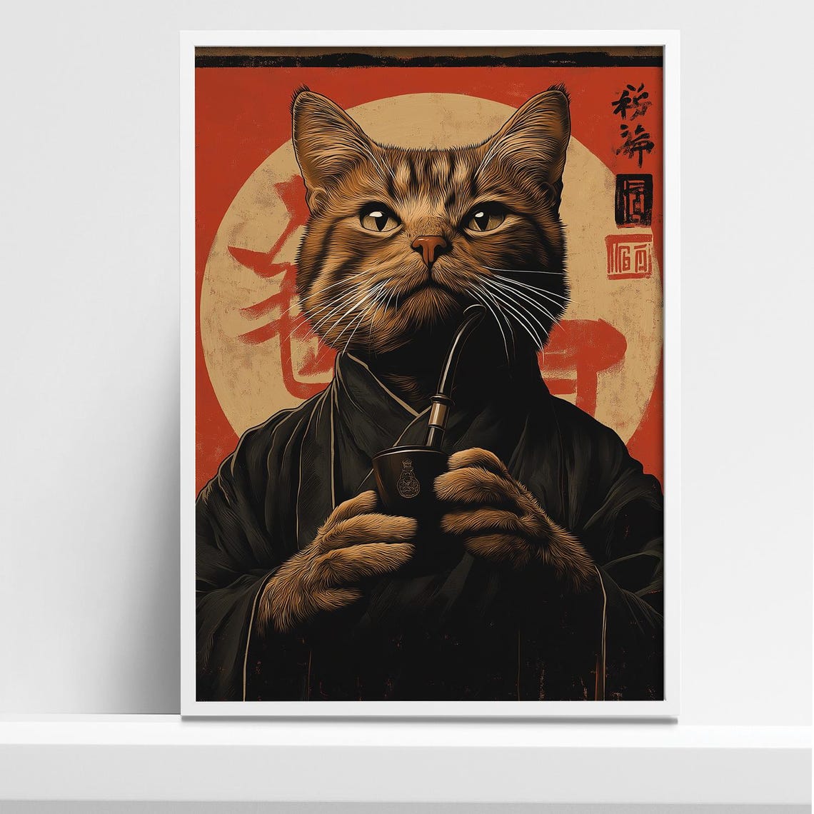 Orange Tabby Cat in Black Kimono Smoking a Pipe Edo Style Poster