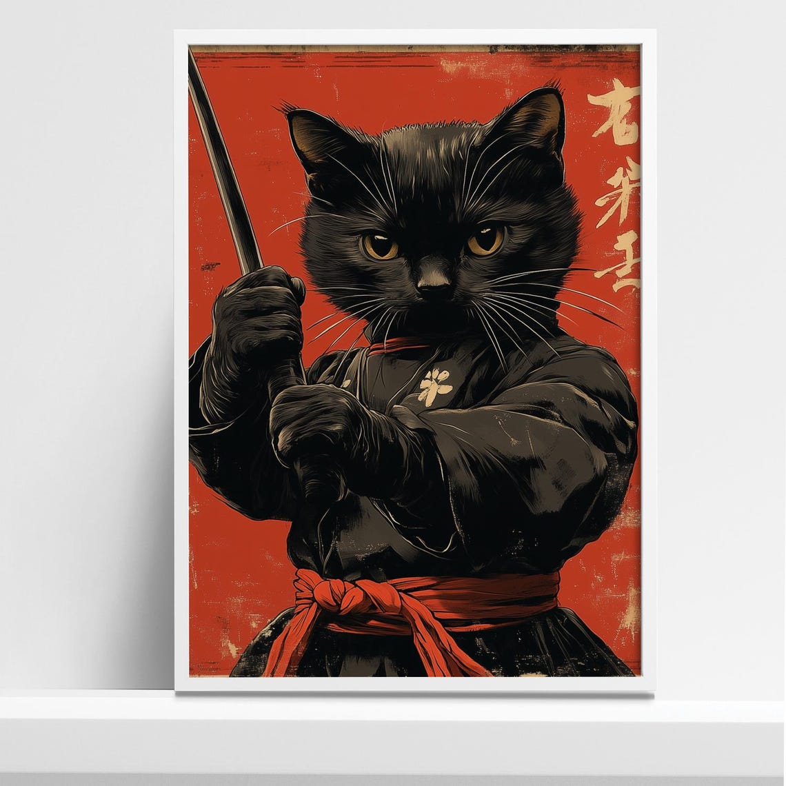 Fierce Black Cat Samurai Holding Katana on Red Background Poster