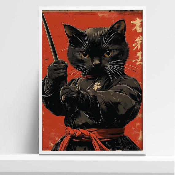Fierce Black Cat Samurai Holding Katana on Red Background Poster