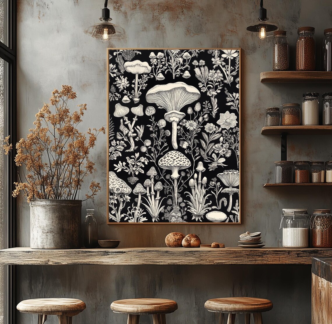 Botanical Mushroom and Wildflower Illustration on Black Poster - Image 3