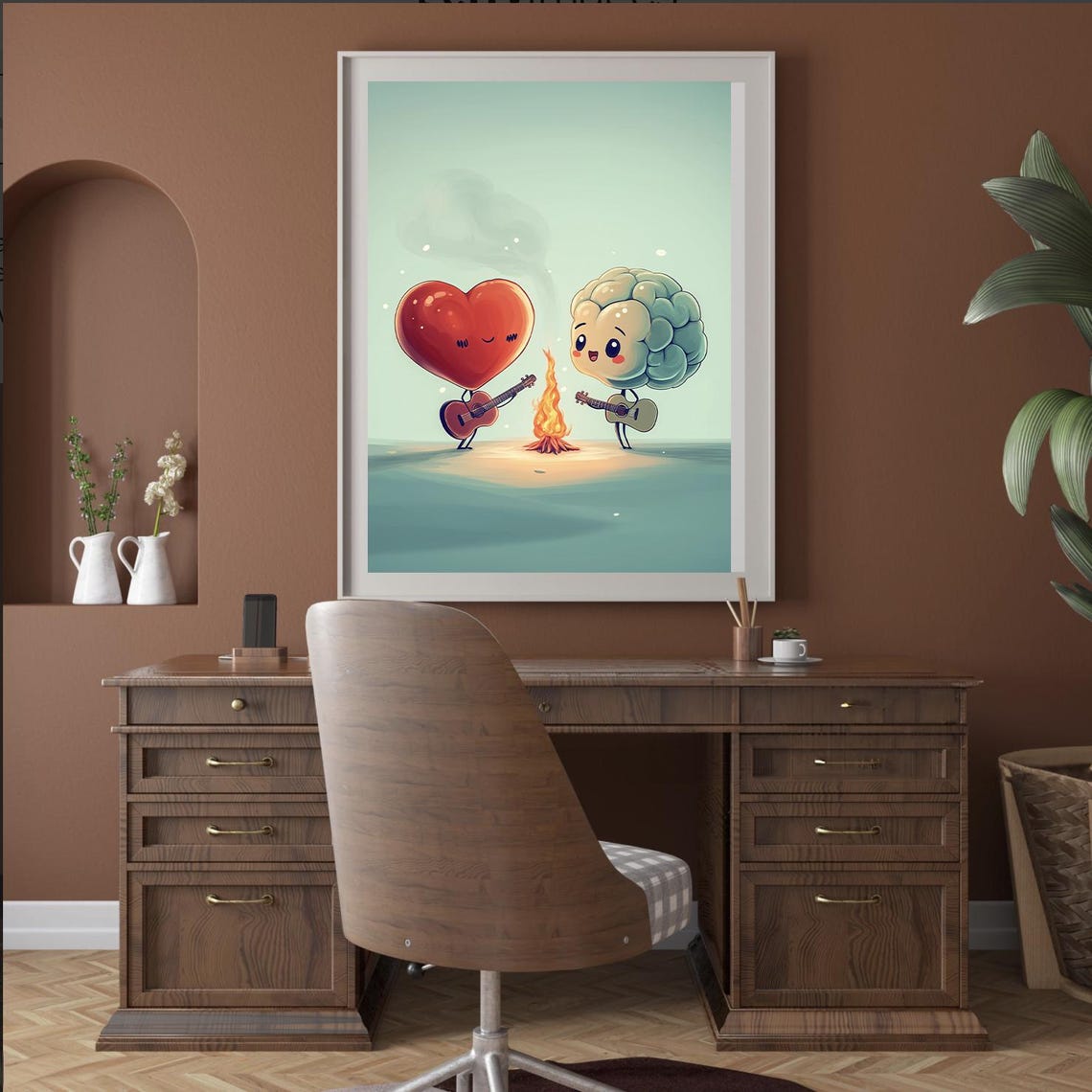 Heart And Brain Playing Guitar By Campfire Cute And Whimsical Art Print - Image 2
