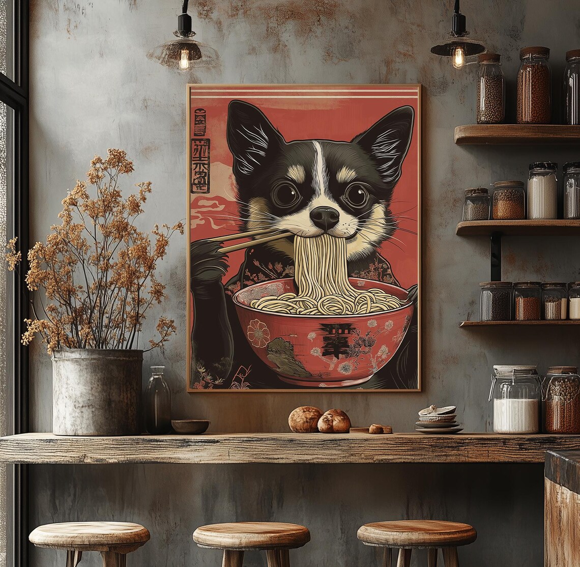 Chihuahua Eating Ramen Bowl in Japanese Woodblock Style Poster - Image 3