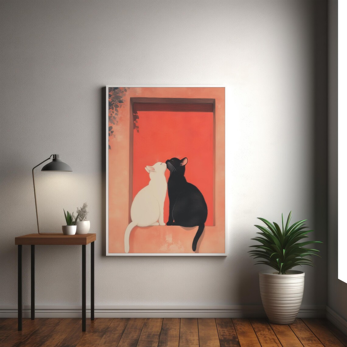 White And Black Cats In Love Art Print, Minimalist - Image 3