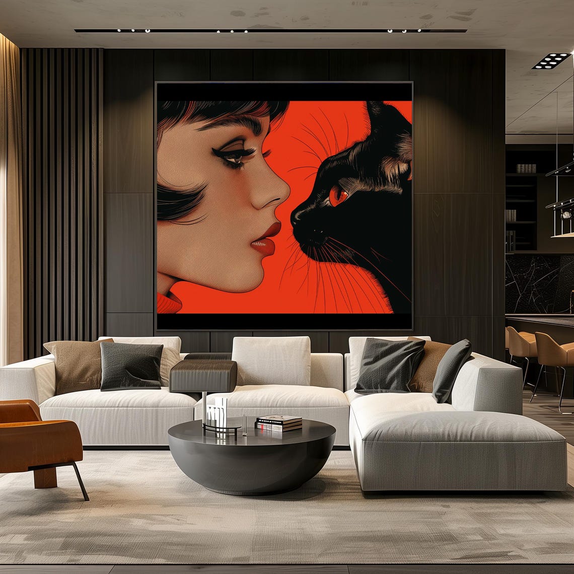 Retro Woman and Black Cat Face to Face in Bold Red Pop Art Poster - Image 2