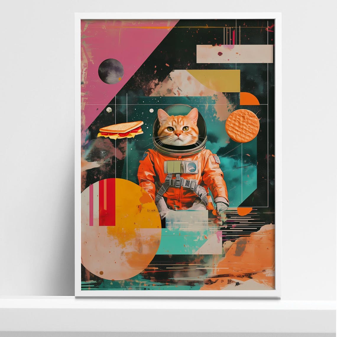 Orange Cat Astronaut Collage With Floating Sandwich and Planets Poster