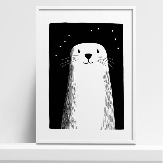 Minimalist Seal Art Print Cute Black And White Illustration For Kids Room Scandinavian Animal Wall Art