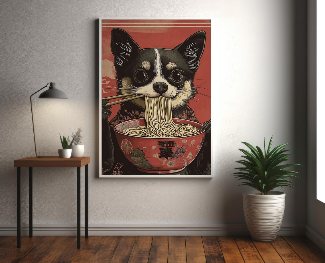 Chihuahua Eating Ramen Bowl in Japanese Woodblock Style Poster - Image 2