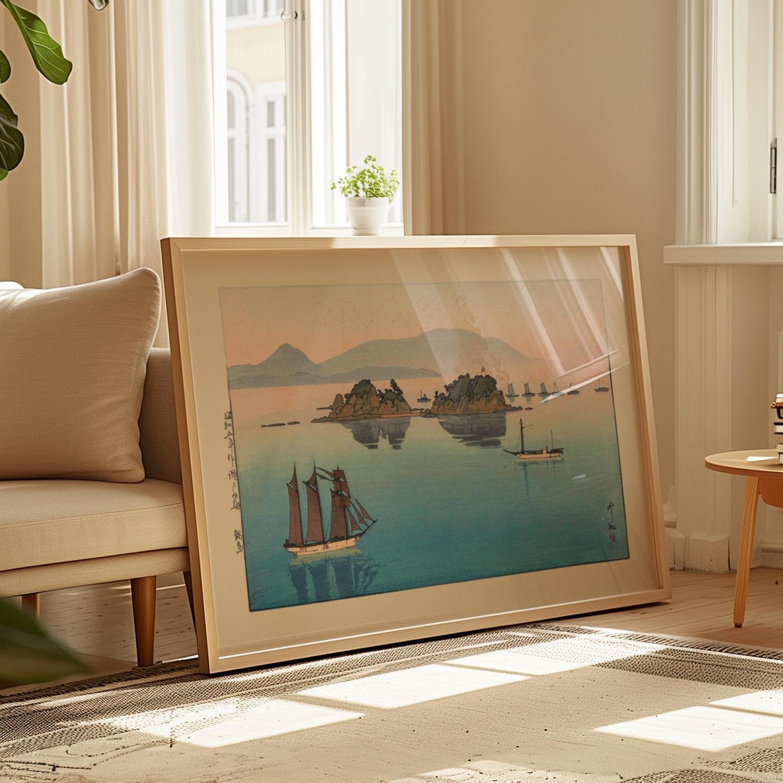 Yoshida Hiroshi Nabeshima Sailing Ship Sunset Sea Woodblock Art Poster - Image 3
