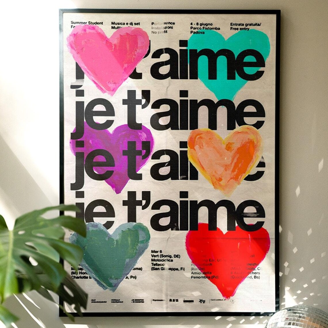 Je T Aime Typography Colorful Hearts French Love Wall Poster