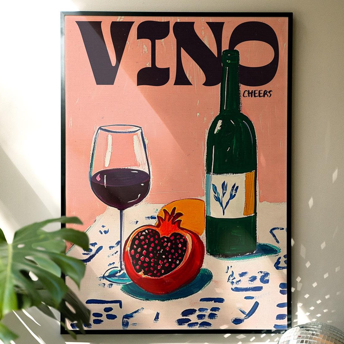 Vino Cheers Retro Wine Poster Pink Italian Kitchen Wall Decor Art