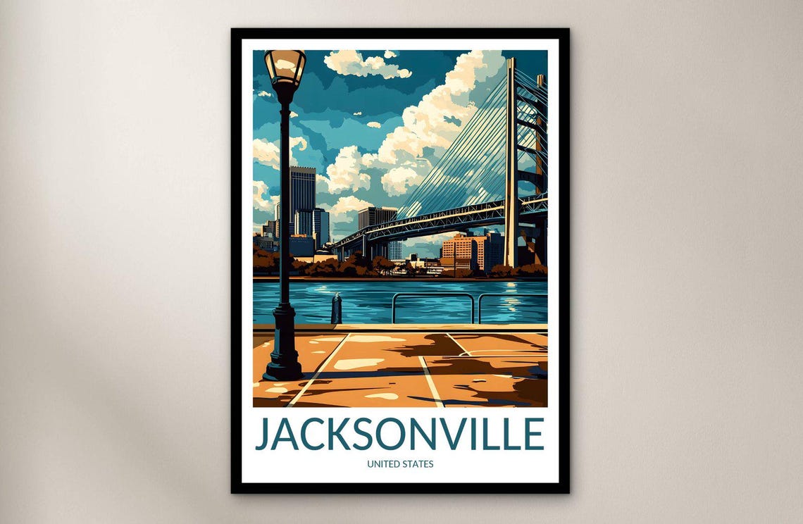 Jacksonville Florida Riverfront Bridge Skyline Dusk Travel Poster