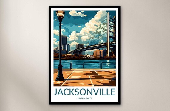 Jacksonville Florida Riverfront Bridge Skyline Dusk Travel Poster